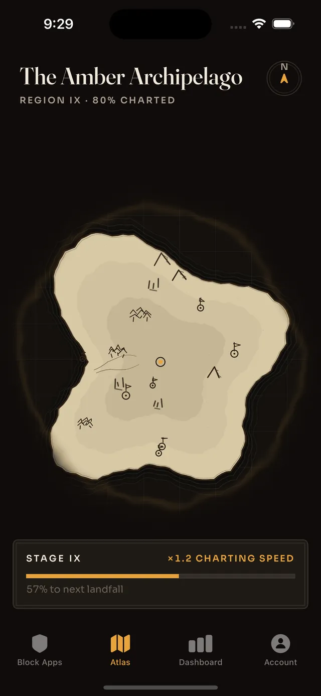 The Traverse atlas: a hand-drawn island called The Amber Archipelago, 80% charted, with mountains, camps and flags inked onto parchment against dark paper